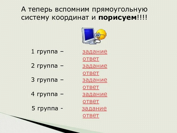 А теперь вспомним прямоугольную систему координат и порисуем!!!! 1 группа