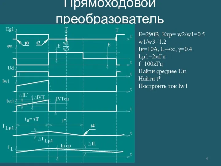 Прямоходовой преобразователь E=290В, Kтр= w2/w1=0.5 w1/w3=1.2 Iн=10А, L→∞, γ=0.4 Lμ1=2мГн