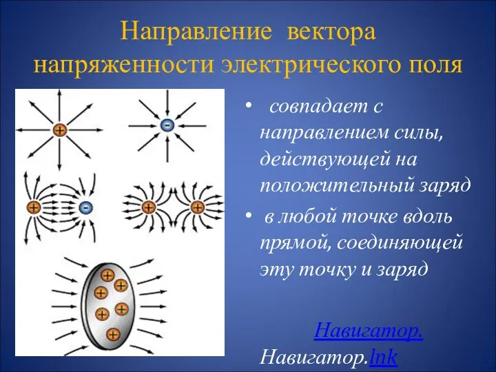 Направление вектора напряженности электрического поля совпадает с направлением силы, действующей