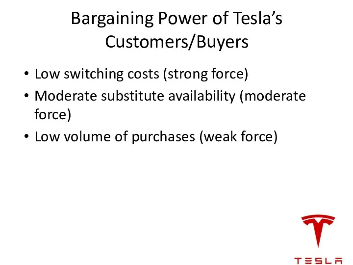 Bargaining Power of Tesla’s Customers/Buyers Low switching costs (strong force)