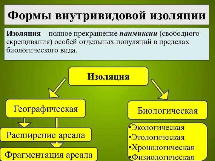 Формы внутривидовой изоляции Изоляция – полное прекращение панмиксии (свободного скрещивания) особей отдельных популяций