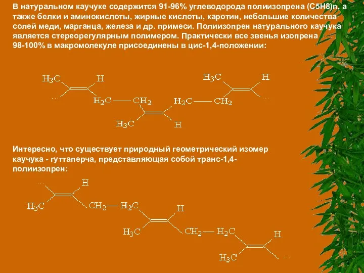 В натуральном каучуке содержится 91-96% углеводорода полиизопрена (C5H8)n, а также