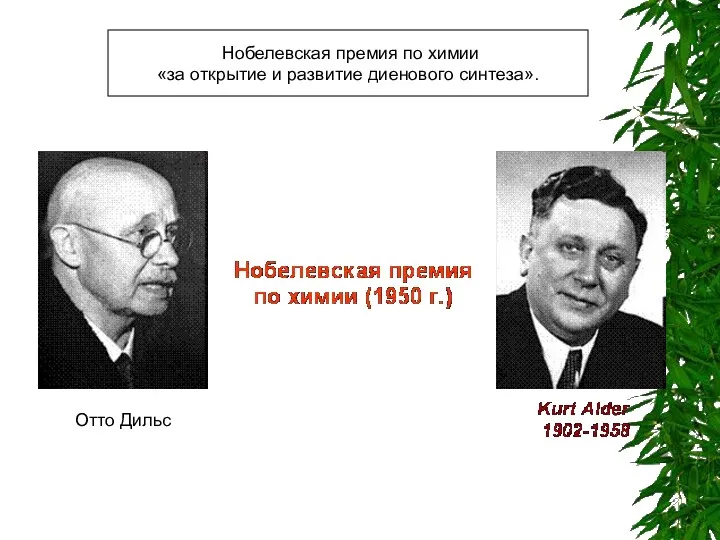 Отто Дильс Нобелевская премия по химии «за открытие и развитие диенового синтеза».