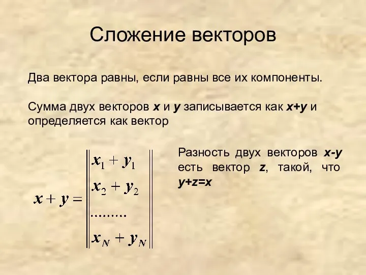 Сложение векторов Два вектора равны, если равны все их компоненты.