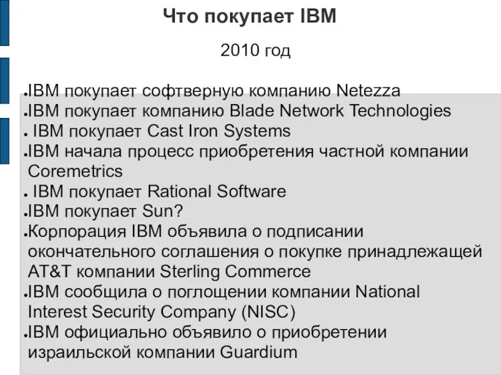 Что покупает IBM 2010 год IBM покупает софтверную компанию Netezza IBM покупает компанию