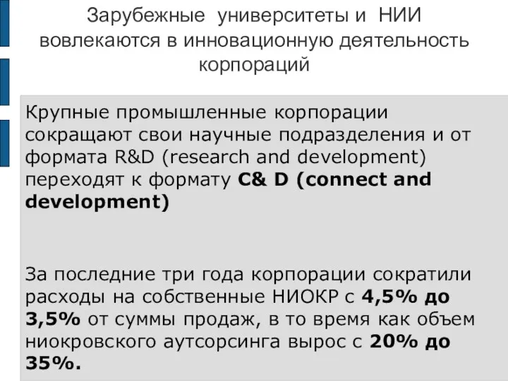 Зарубежные университеты и НИИ вовлекаются в инновационную деятельность корпораций Крупные промышленные корпорации сокращают