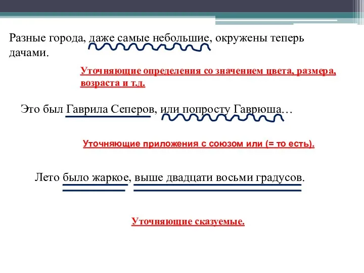 Разные города, даже самые небольшие, окружены теперь дачами. Уточняющие определения