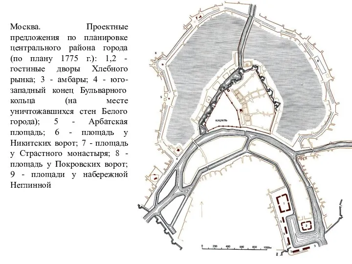 Москва. Проектные предложения по планировке центрального района города (по плану 1775 г.): 1,2