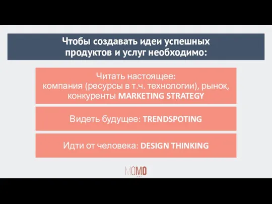 Чтобы создавать идеи успешных продуктов и услуг необходимо: Видеть будущее: TRENDSPOTING Читать настоящее: