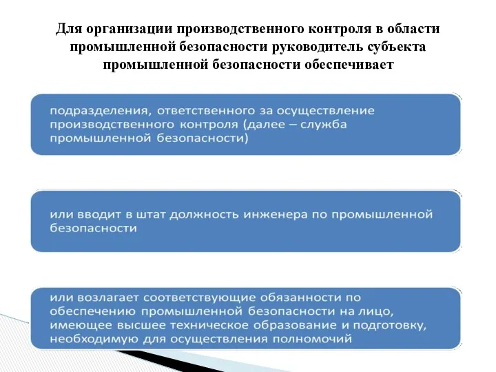 Для организации производственного контроля в области промышленной безопасности руководитель субъекта промышленной безопасности обеспечивает