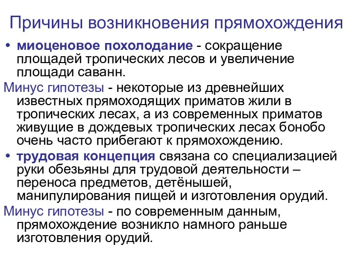 Причины возникновения прямохождения миоценовое похолодание - сокращение площадей тропических лесов