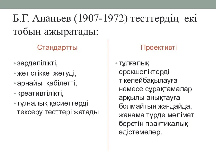 Б.Г. Ананьев (1907-1972) тесттердің екі тобын ажыратады: Стандартты зерделілікті, жетістікке