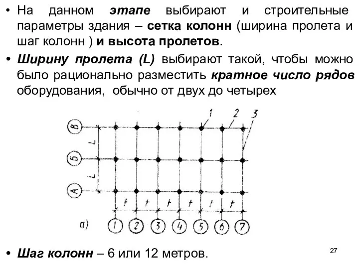 На данном этапе выбирают и строительные параметры здания – сетка колонн (ширина пролета