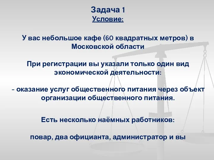 Задача 1 Условие: У вас небольшое кафе (60 квадратных метров)