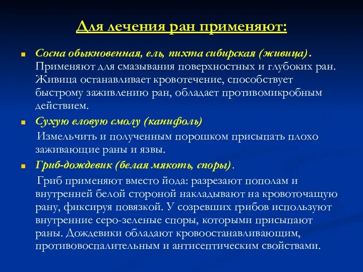 Для лечения ран применяют: Сосна обыкновенная, ель, пихта сибирская (живица).