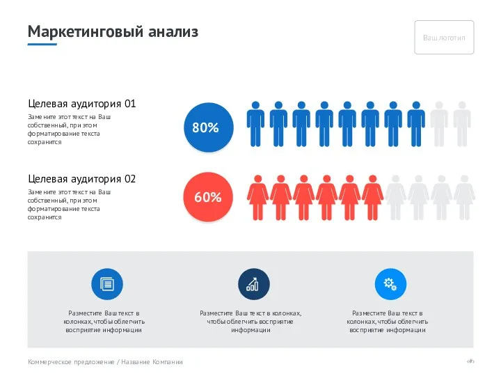 Маркетинговый анализ Целевая аудитория 01 80% 60% Целевая аудитория 02