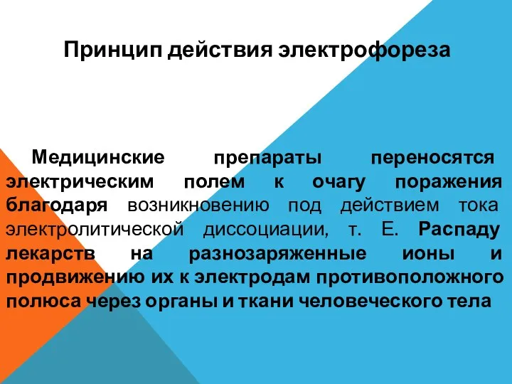 Принцип действия электрофореза Медицинские препараты переносятся электрическим полем к очагу