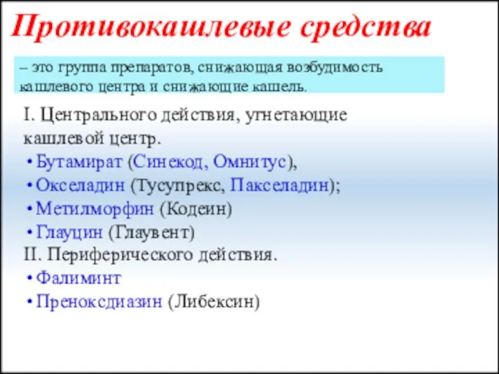 Противокашлевые средства – это группа препаратов, снижающая возбудимость кашлевого центра