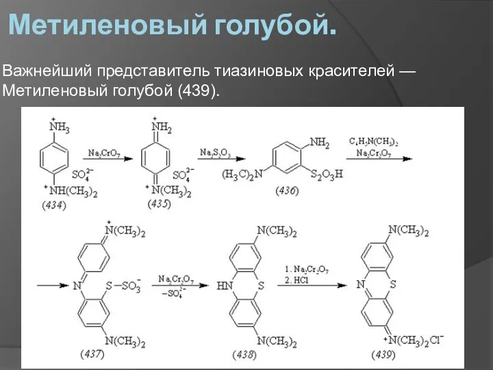 Метиленовый голубой. Важнейший представитель тиазиновых красителей — Метиленовый голубой (439).