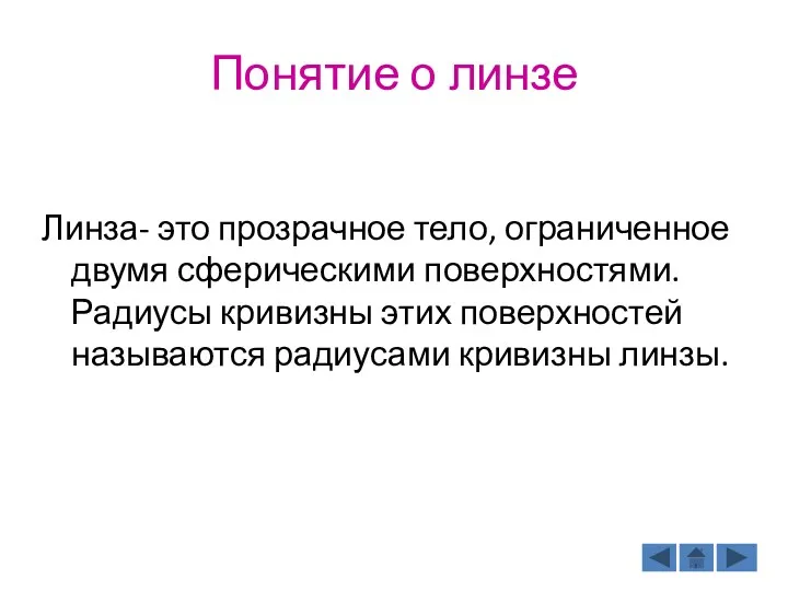 Понятие о линзе Линза- это прозрачное тело, ограниченное двумя сферическими