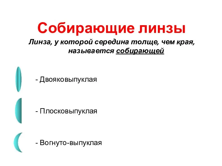 Линза, у которой середина толще, чем края, называется собирающей Собирающие