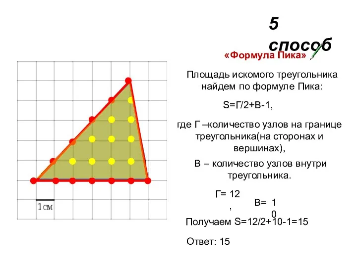 5 способ «Формула Пика» Площадь искомого треугольника найдем по формуле