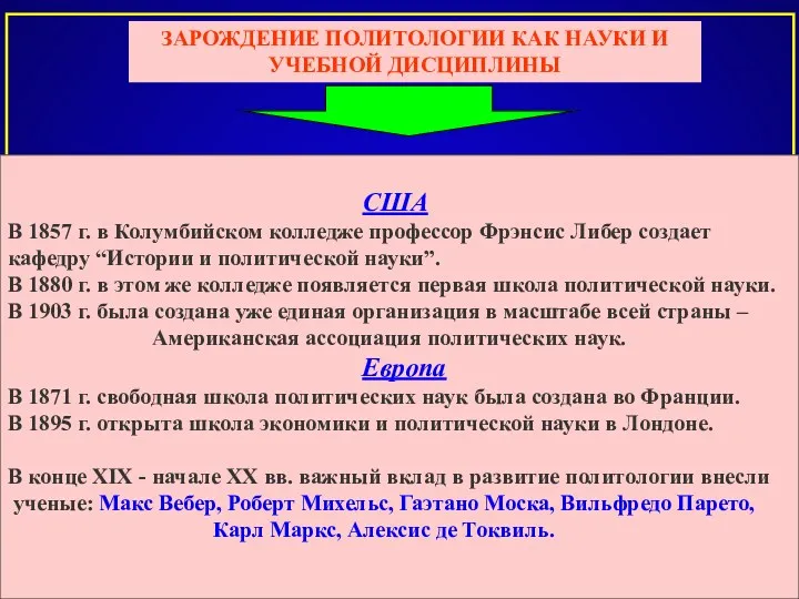 ЗАРОЖДЕНИЕ ПОЛИТОЛОГИИ КАК НАУКИ И УЧЕБНОЙ ДИСЦИПЛИНЫ США В 1857