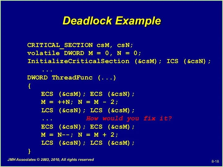 Deadlock Example CRITICAL_SECTION csM, csN; volatile DWORD M = 0,