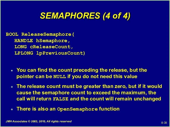 SEMAPHORES (4 of 4) BOOL ReleaseSemaphore( HANDLE hSemaphore, LONG cReleaseCount,