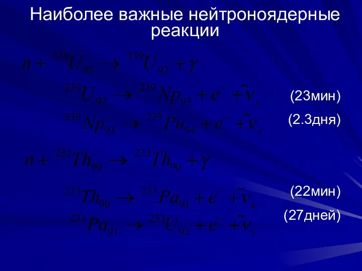 Наиболее важные нейтроноядерные реакции (23мин) (2.3дня) (22мин) (27дней)