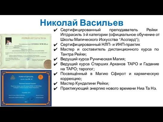 Николай Васильев Сертифицированный преподаватель Рейки Иггдрасиль 3-й категории (официальное обучение