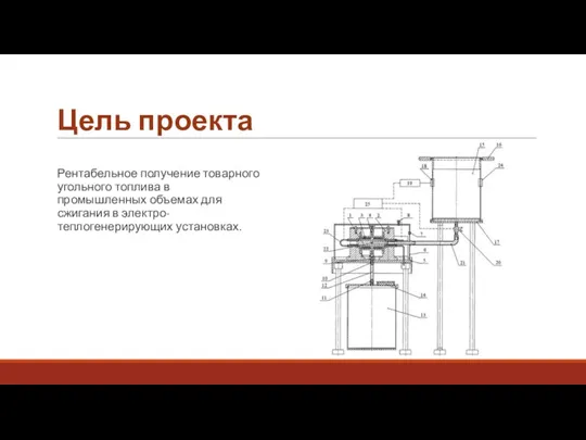 Цель проекта Рентабельное получение товарного угольного топлива в промышленных объемах для сжигания в электро-теплогенерирующих установках.