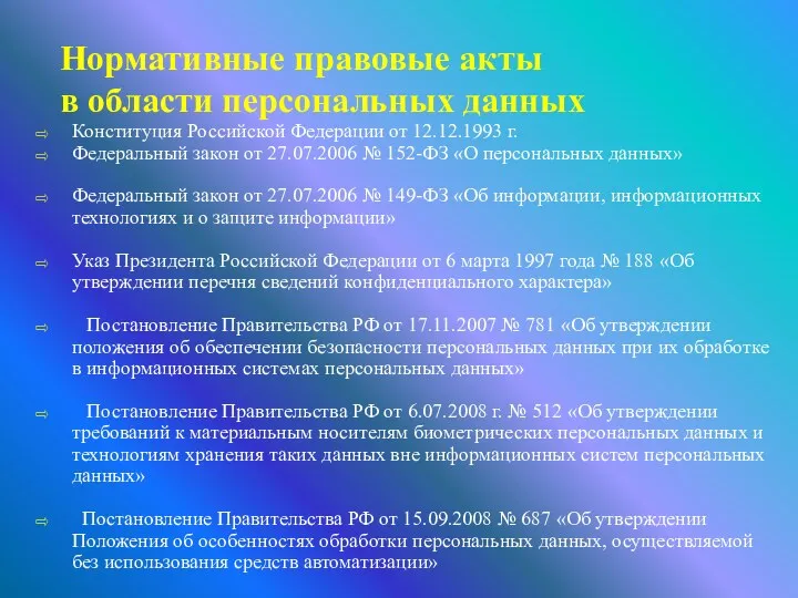 Нормативные правовые акты в области персональных данных Конституция Российской Федерации