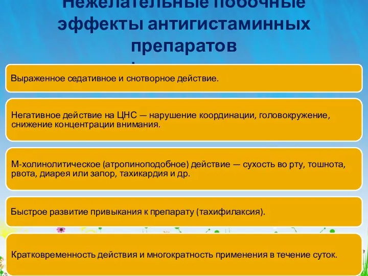 Нежелательные побочные эффекты антигистаминных препаратов I поколения Выраженное седативное и