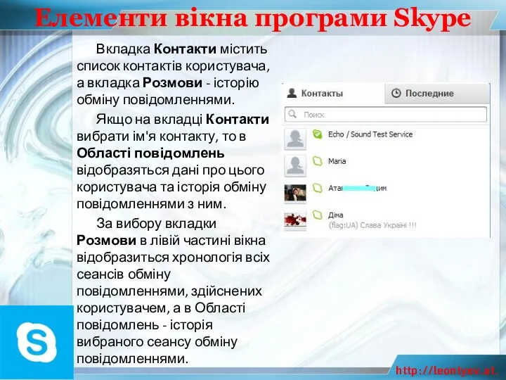 Елементи вікна програми Skype Вкладка Контакти містить список контактів користувача,