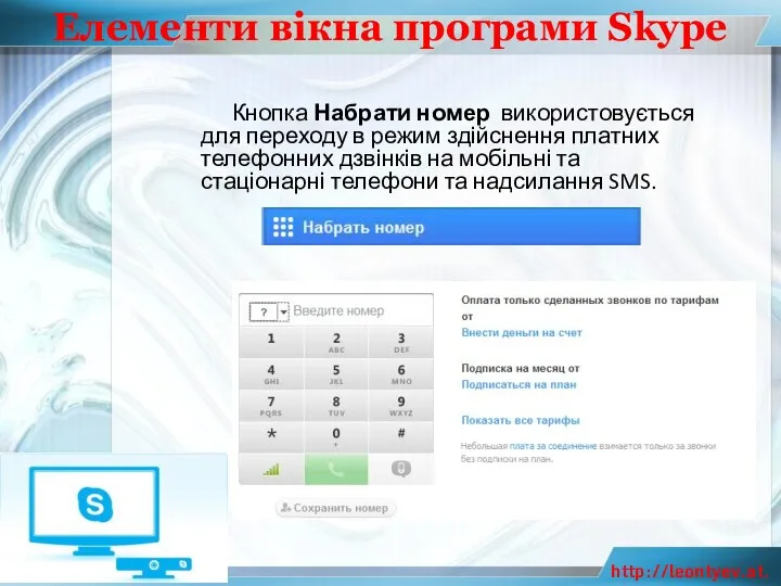Елементи вікна програми Skype Кнопка Набрати номер використовується для переходу