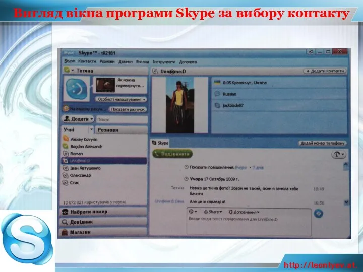 Вигляд вікна програми Skype за вибору контакту http://leontyev.at.ua