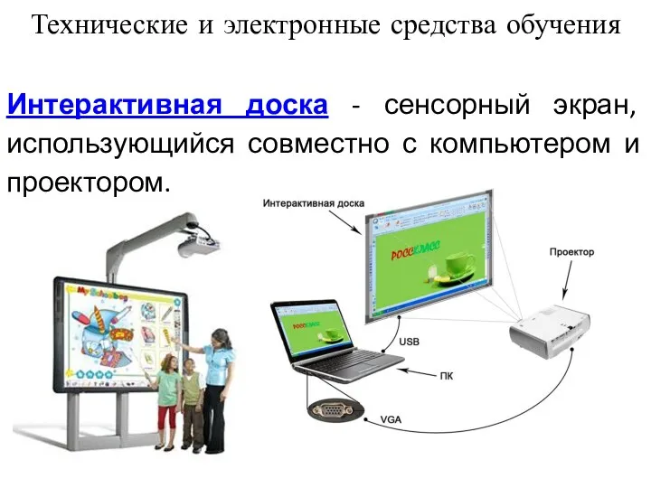 Технические и электронные средства обучения Интерактивная доска - сенсорный экран, использующийся совместно с компьютером и проектором.