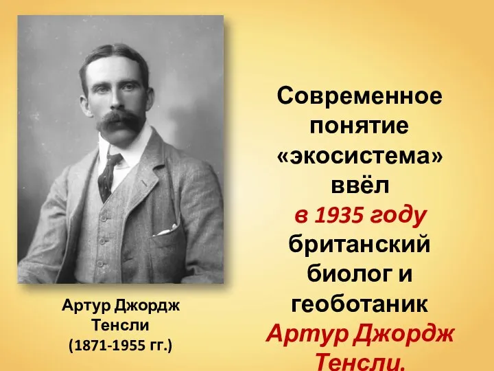 Современное понятие «экосистема» ввёл в 1935 году британский биолог и