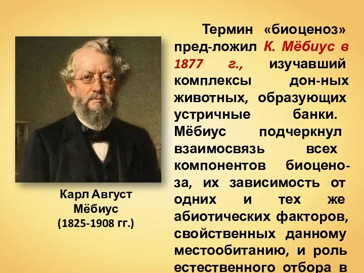 Термин «биоценоз» пред-ложил К. Мёбиус в 1877 г., изучавший комплексы