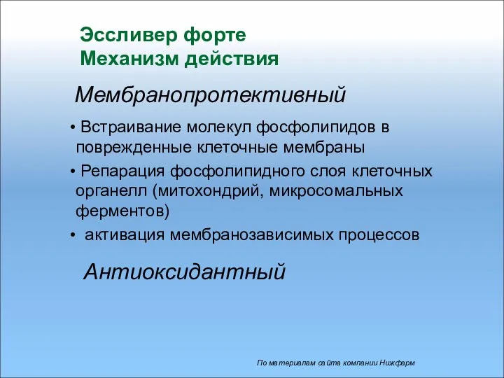 Встраивание молекул фосфолипидов в поврежденные клеточные мембраны Репарация фосфолипидного слоя клеточных органелл (митохондрий,