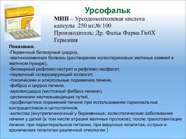 Урсофальк МНН – Урсодеоксихолевая кислота капсулы 250 мг.№ 100 Производитель: