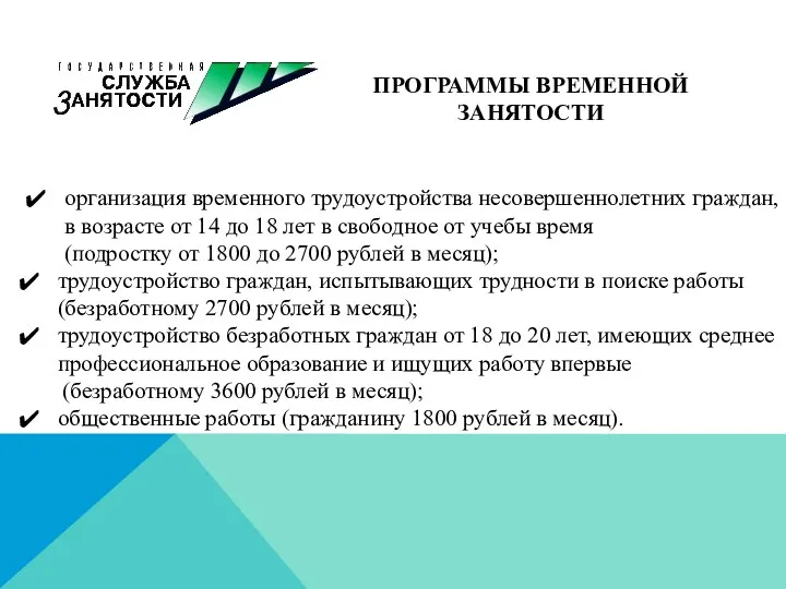 ПРОГРАММЫ ВРЕМЕННОЙ ЗАНЯТОСТИ организация временного трудоустройства несовершеннолетних граждан, в возрасте от 14 до