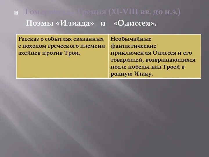 Гомеровская Греция (XI-VIII вв. до н.э.) Поэмы «Илиада» и «Одиссея».