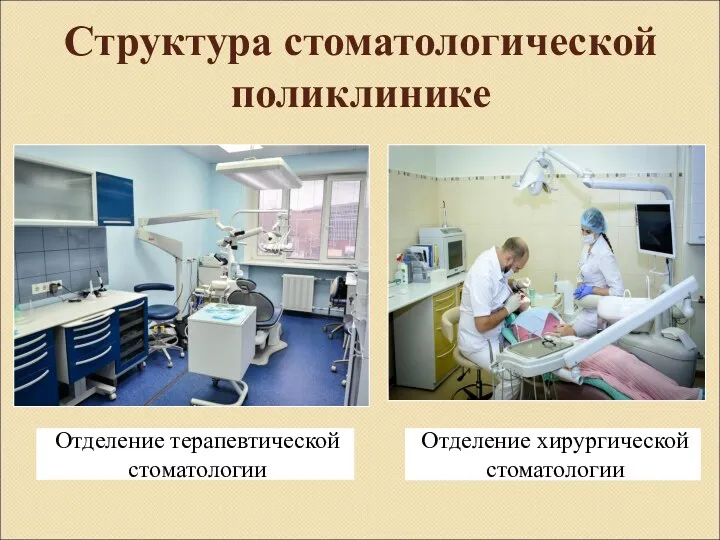 Структура стоматологической поликлинике Отделение терапевтической стоматологии Отделение хирургической стоматологии