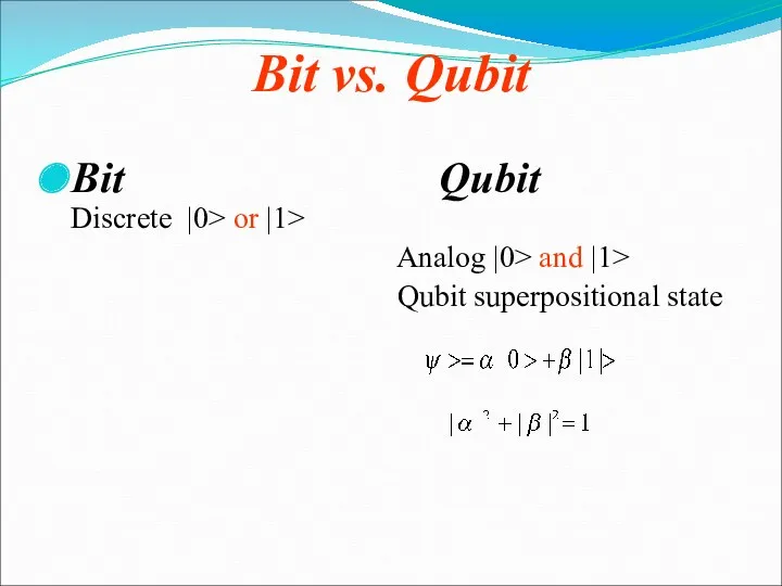 Bit vs. Qubit Bit Qubit Discrete |0> or |1> Analog |0> and |1> Qubit superpositional state