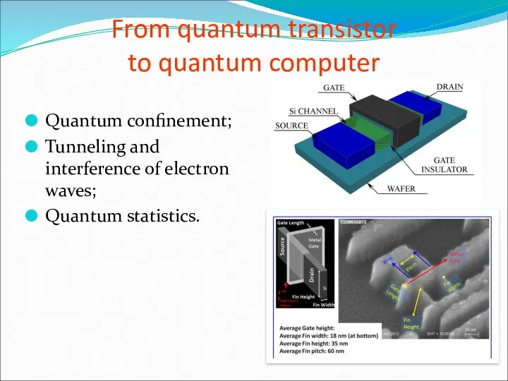 From quantum transistor to quantum computer Quantum confinement; Tunneling and interference of electron waves; Quantum statistics.