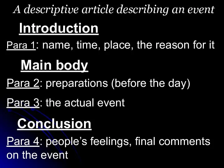 A descriptive article describing an event Introduction Main body Conclusion