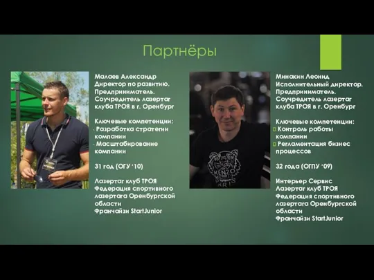 Партнёры Малаев Александр Директор по развитию. Предприниматель. Соучредитель лазертаг клуба