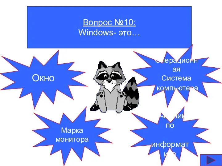 Вопрос №10: Windows- это… Окно Марка монитора Учебник по информатике Операционная Система компьютера